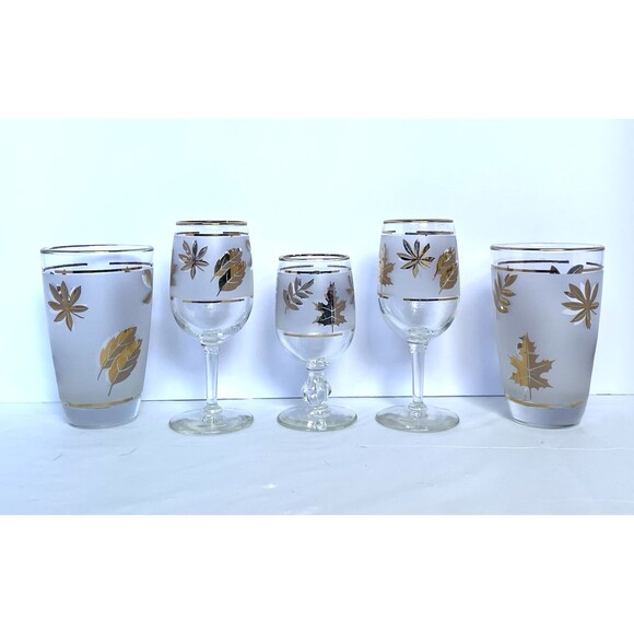 Vintage Libbey Golden Foliage Frosted Glassware – Set of 5 – 1950s Mid-Century B - Picture 7 of 16